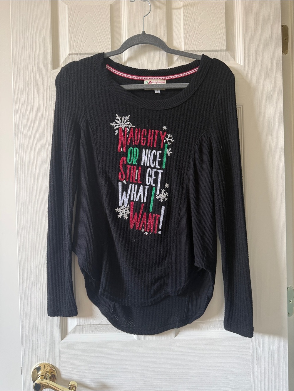 Poof! Black Waffle-Knit Crewneck Sweater with Festive Lettering